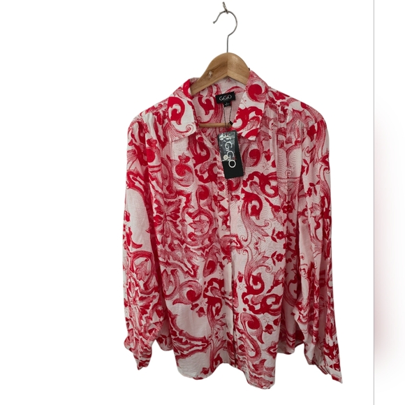 Gigio Tops - NWT GiGiO USA Vibrant Print Red  Oversized Button Front Shirt Size Large